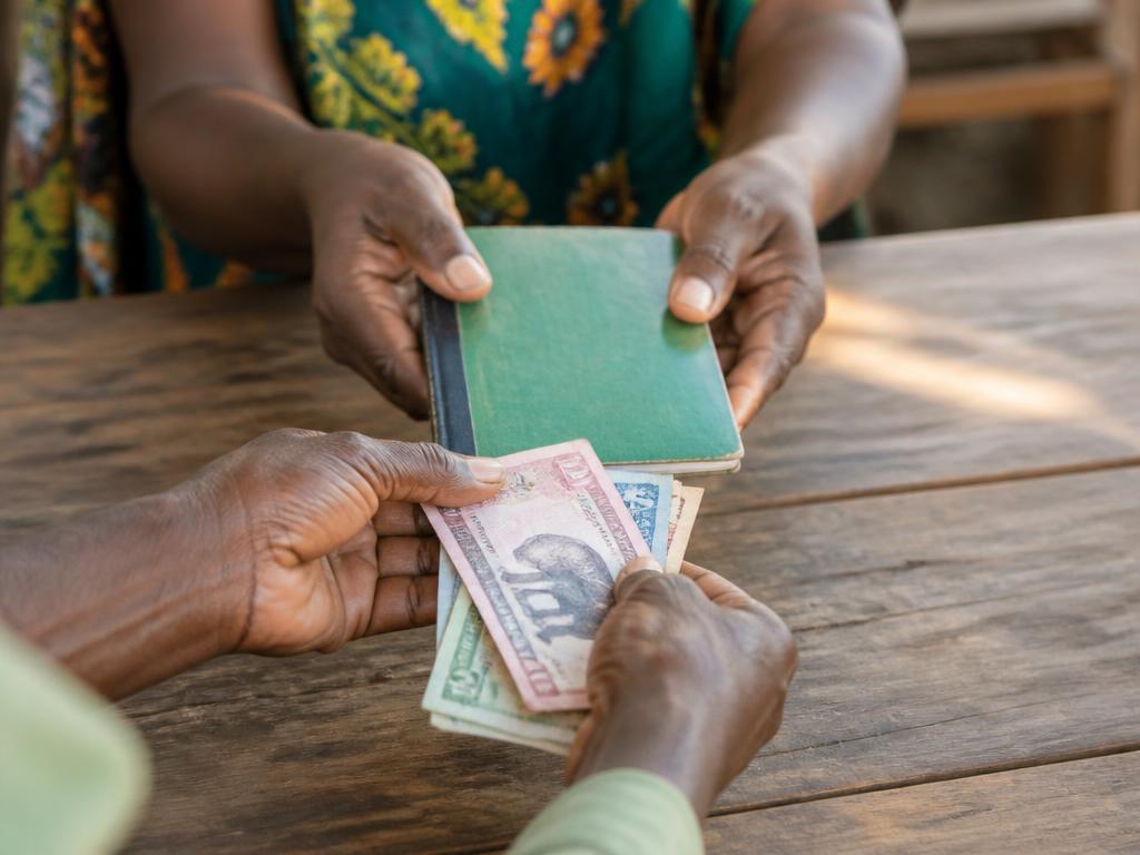 Hands exchanging a savings passbook and Tanzanian shilling notes across a wooden table