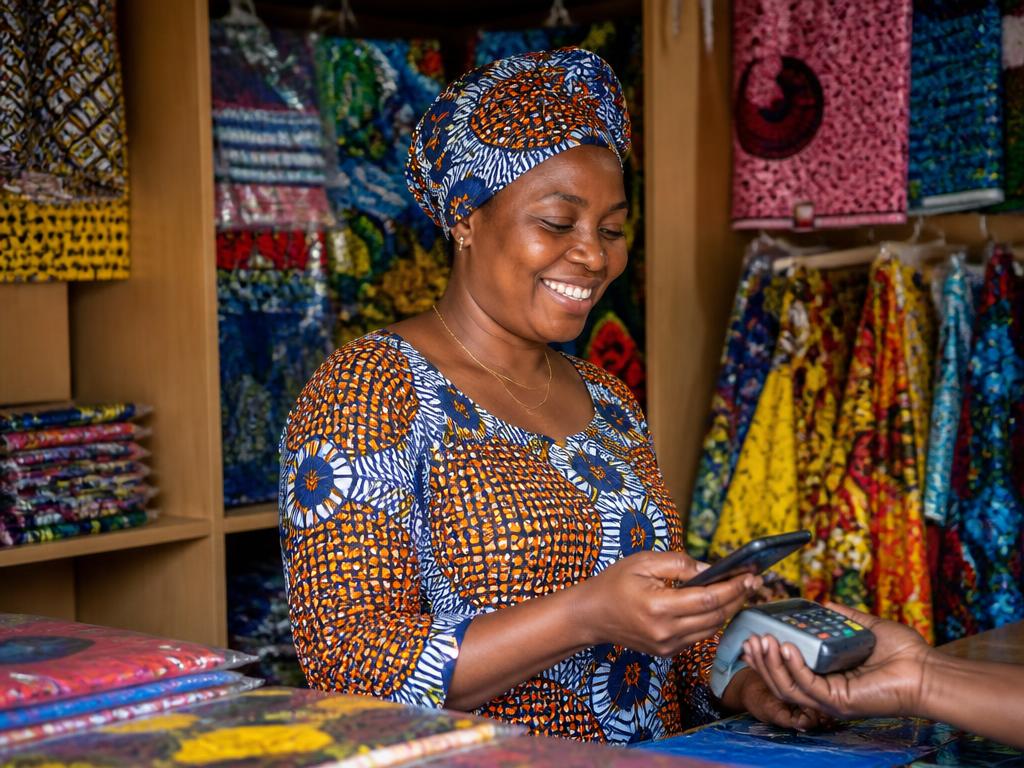 A Tanzanian shop owner using her phone to receive a payment